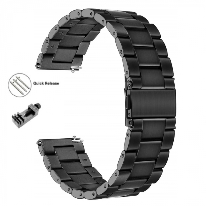 Curea compatibila Samsung Gear S3 / Galaxy 22mm , Huawei GT 2 (46mm), din otel inoxidabil cu sistem Quick release smartwatch , Negru / Black [2]