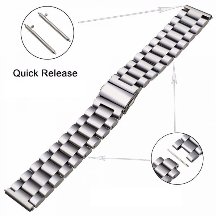 Curea compatibila Samsung Gear S3 / Galaxy 22mm , Huawei GT 2 (46mm), din otel inoxidabil cu sistem Quick release smartwatch , Argintiu / Silver [4]