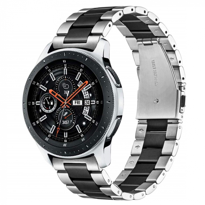 Curea compatibila Samsung Gear S3 / Galaxy 22mm , Huawei GT 2 (46mm), din otel inoxidabil cu sistem Quick release smartwatch , Negru Argintiu / Black Silver [3]
