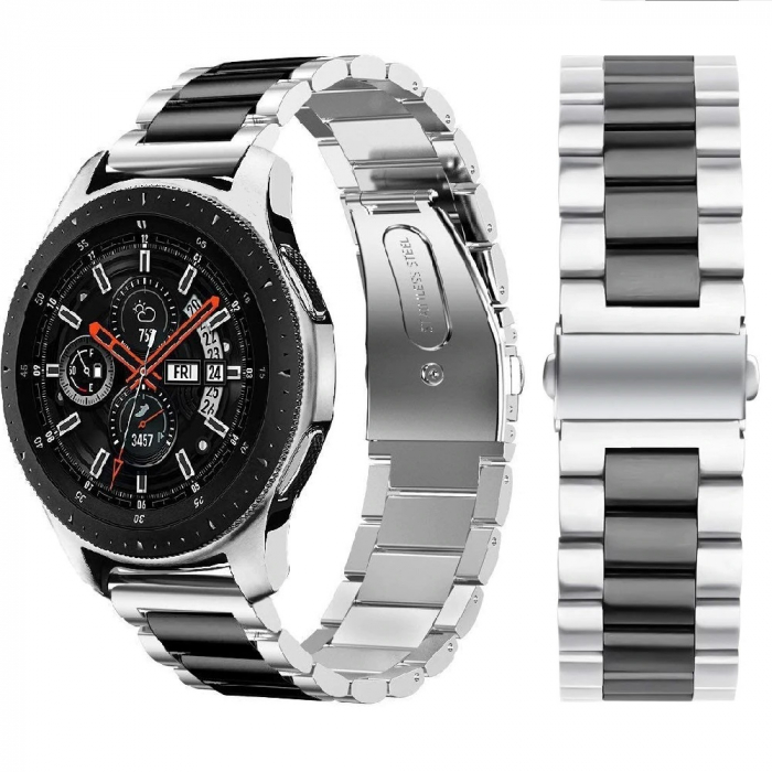 Curea compatibila Samsung Gear S3 / Galaxy 22mm , Huawei GT 2 (46mm), din otel inoxidabil cu sistem Quick release smartwatch , Negru Argintiu / Black Silver [5]