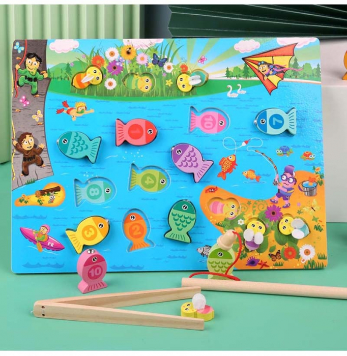 Plansa de pescuit cu magnet, jucarie montessori cu pesti si undita, Multicolor, +3 ani [4]