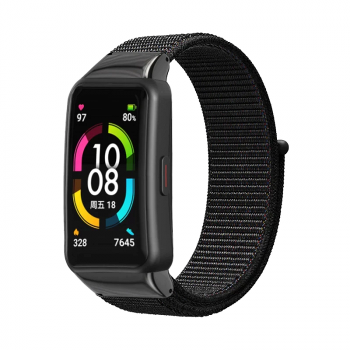 Curea din material textil cu arici compatibila Huawei Band 6/ Honour Band 6 Smartwatch, Quick Release, Negru [1]