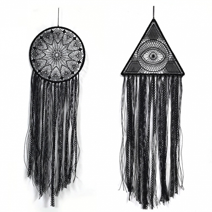 Set Dream Catcher Decoratiune macrame pentru perete realizata manual prin tehnica nodurilor,Forma rotund si dreptunghi,  86x26 cm , BOHO , Negru [1]