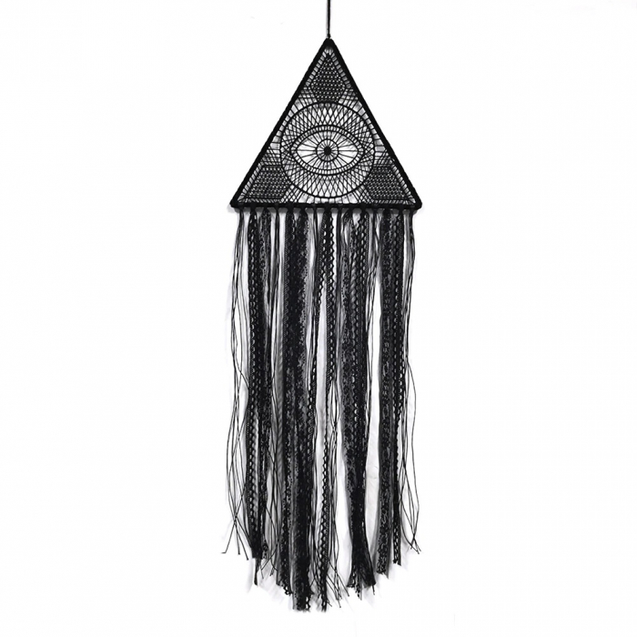 Set Dream Catcher Decoratiune macrame pentru perete realizata manual prin tehnica nodurilor,Forma rotund si dreptunghi,  86x26 cm , BOHO , Negru [2]