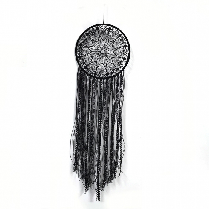 Set Dream Catcher Decoratiune macrame pentru perete realizata manual prin tehnica nodurilor,Forma rotund si dreptunghi,  86x26 cm , BOHO , Negru [4]