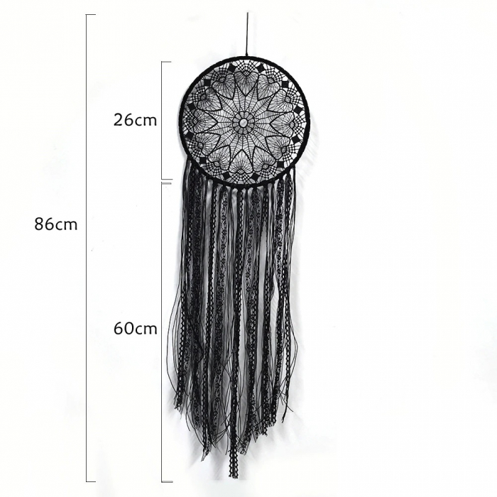 Set Dream Catcher Decoratiune macrame pentru perete realizata manual prin tehnica nodurilor,Forma rotund si dreptunghi,  86x26 cm , BOHO , Negru [5]