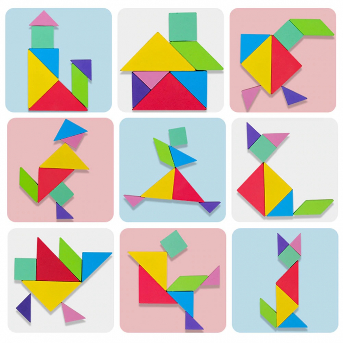 Joc educativ Tangram puzzle din lemn cu plansa magnetica, Montessori, +3 ani, multicolor [3]