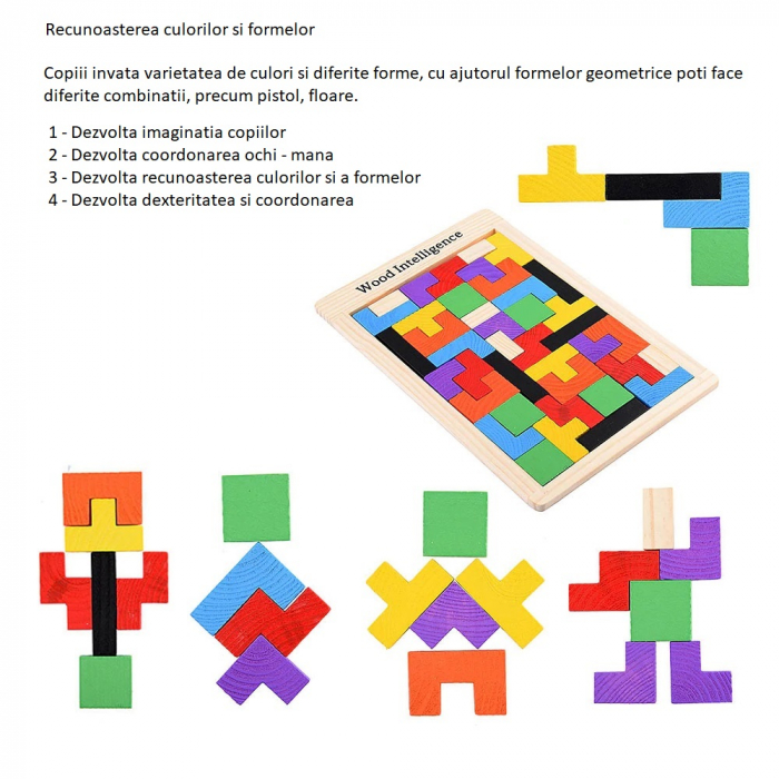 Joc Montessori Tetris din lemn , multicolor, puzzle cuburi de constructie [3]