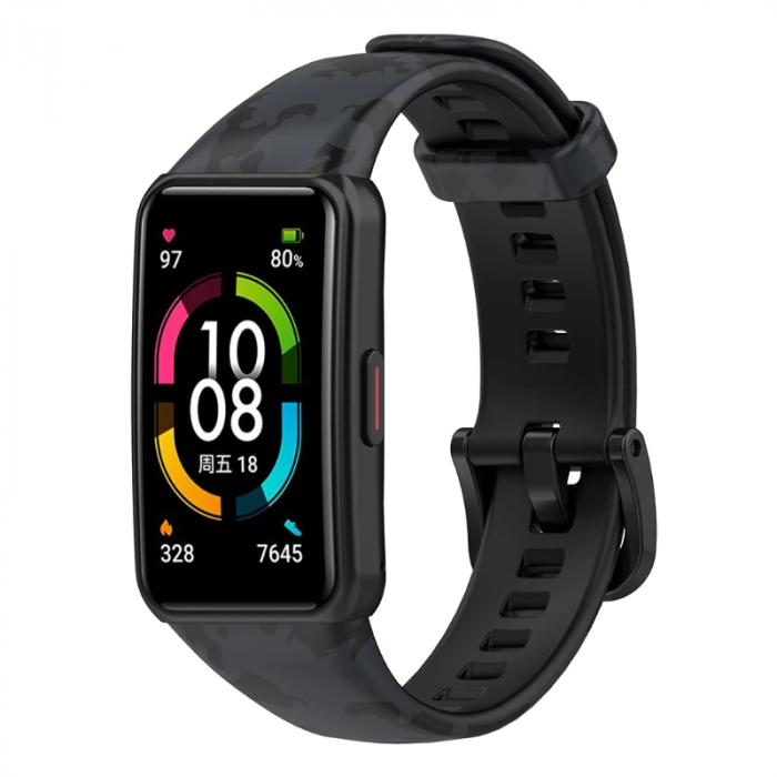 Curea silicon compatibila Huawei Band 6/ Honour Band 6 Smartwatch, Quick Release, Negru Camuflaj [2]