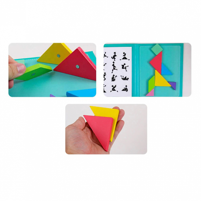Joc educativ Tangram puzzle din lemn cu plansa magnetica, Montessori, +3 ani, multicolor [4]