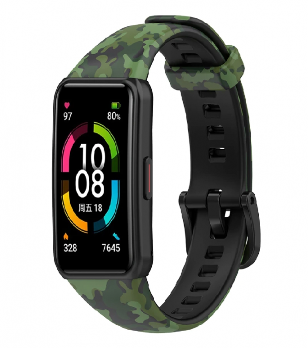 Curea silicon compatibila Huawei Band 6/ Honour Band 6 Smartwatch, Quick Release, Verde Camuflaj [2]