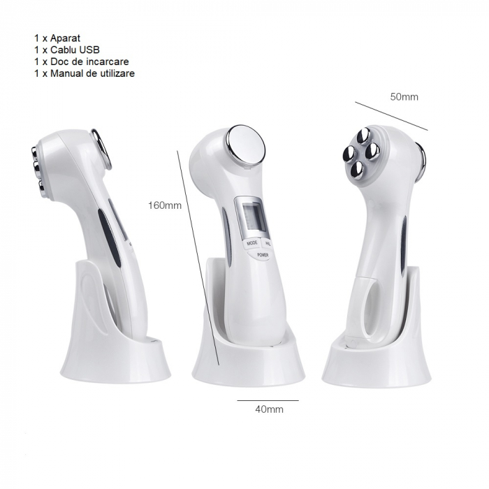 Aparat Cosmetic Terapie Fotonica Faciala 6 in 1 LED RF, Lifting, Reintinerire, vibratii EMS, Microcurent, Mezoterapie, Alb [5]