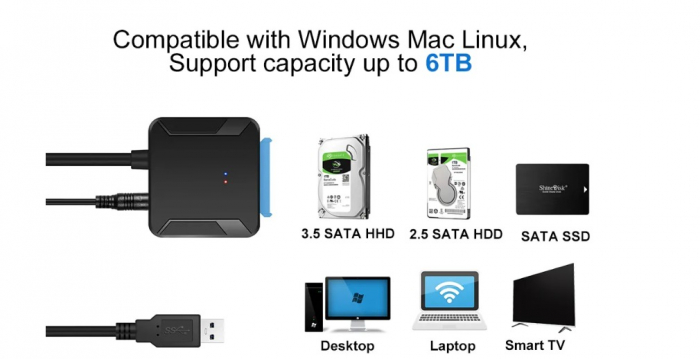 Adaptor USB 3.0 la SATA pentru HDD/SSD extern de 2,5/3.5 inch cu incarcator de de 12V 2A, cablu SATA la USB 3.0, 40cm, Plug and play, Negru [8]