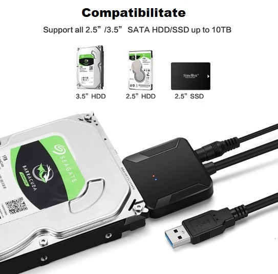 Adaptor USB 3.0 la SATA pentru HDD/SSD extern de 2,5/3.5 inch cu incarcator de de 12V 2A, cablu SATA la USB 3.0, 40cm, Plug and play, Negru [5]