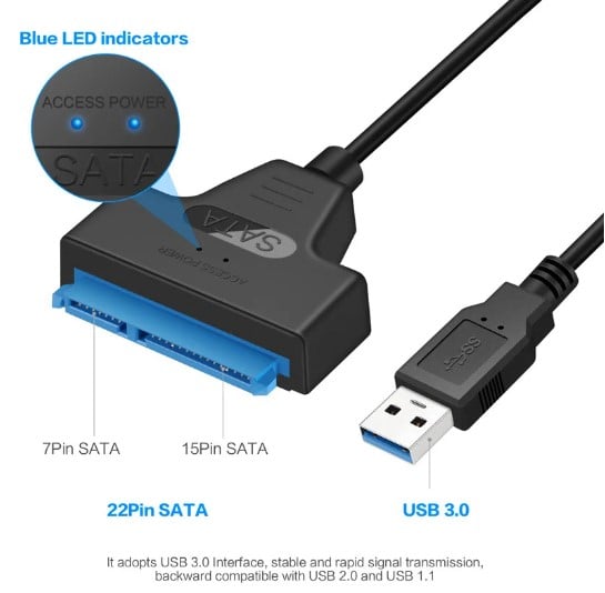 Adaptor USB 3.0 la SATA pentru HDD/SSD extern de 2,5 inch, adaptor cu 22 de pini, cablu SATA la USB 3.0, 20cm, Plug and play, Negru [2]