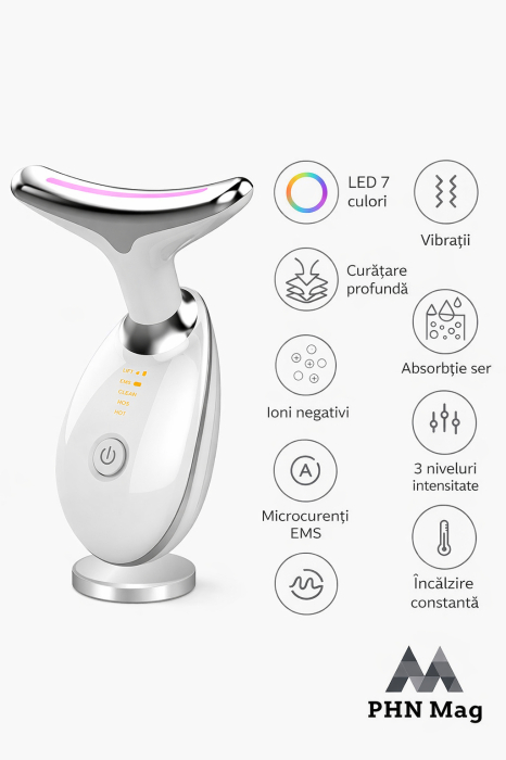 Aparat Lifting Facial și Gât PHN Mag™, EMS + LED 7 Culori, Masaj Anti-Rid, Încălzire 45°C, Reducere Riduri, Îmbunătățire Elasticitate Piele, Alb [3]