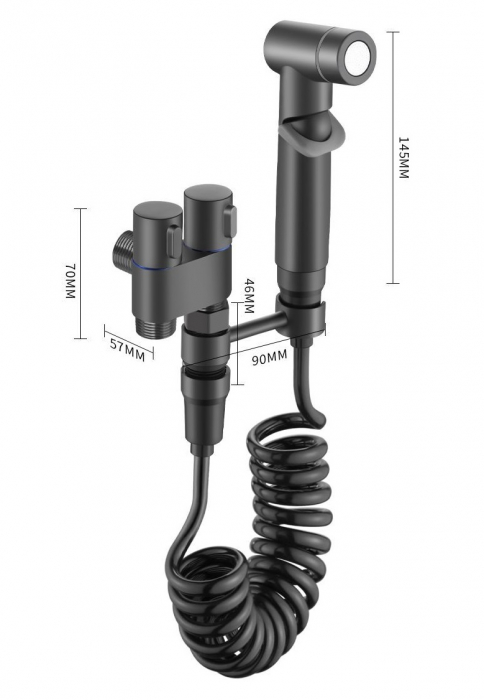 Set baterie bideu igienic cu duș manual, furtun spiral flexibil și valvă control apă, montaj perete, finisaj negru mat – PHN Mag [2]