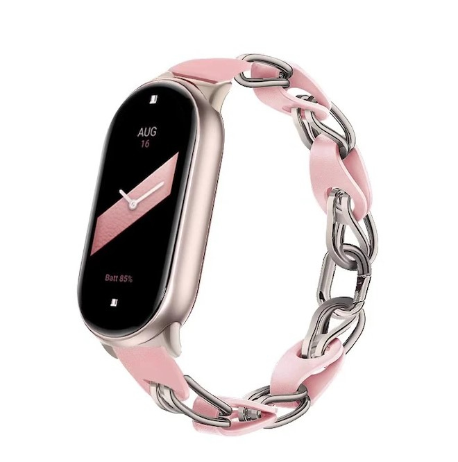 Bratara din metal cu piele, compatibil Xiaomi Mi Band 8 / Mi Band 9 / Mi Band 10, Roz si Argintiu [5]
