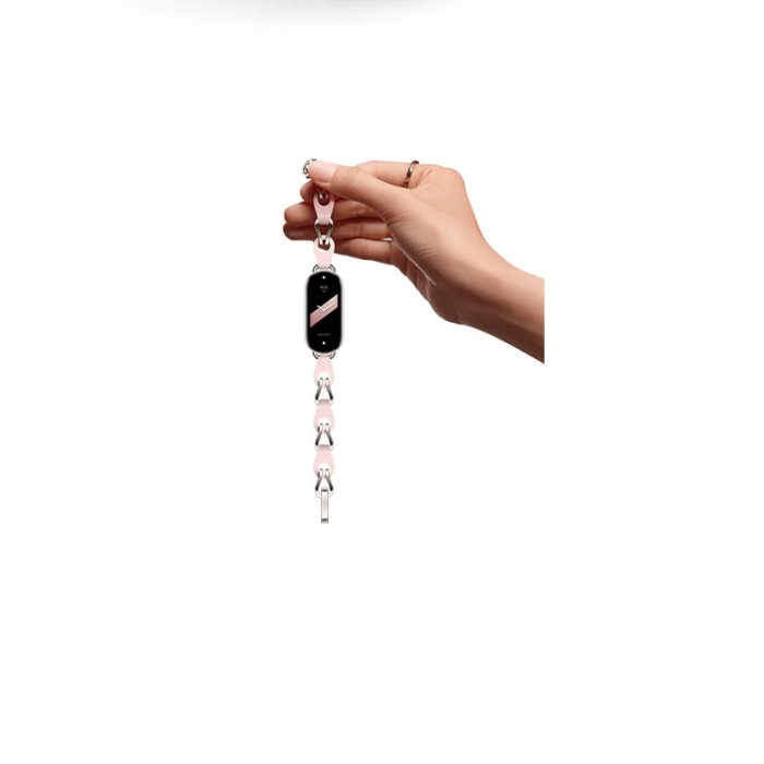 Bratara din metal cu piele, compatibil Xiaomi Mi Band 8 / Mi Band 9 / Mi Band 10, Roz si Argintiu [2]