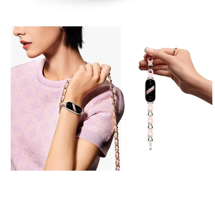 Bratara din metal cu piele, compatibil Xiaomi Mi Band 8 / Mi Band 9 / Mi Band 10, Roz si Argintiu [4]