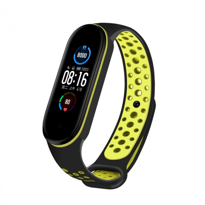 Bratara din silicon, compatibil Xiaomi Mi Band 5 / Mi Band 6 Negru Verde Lemon [2]