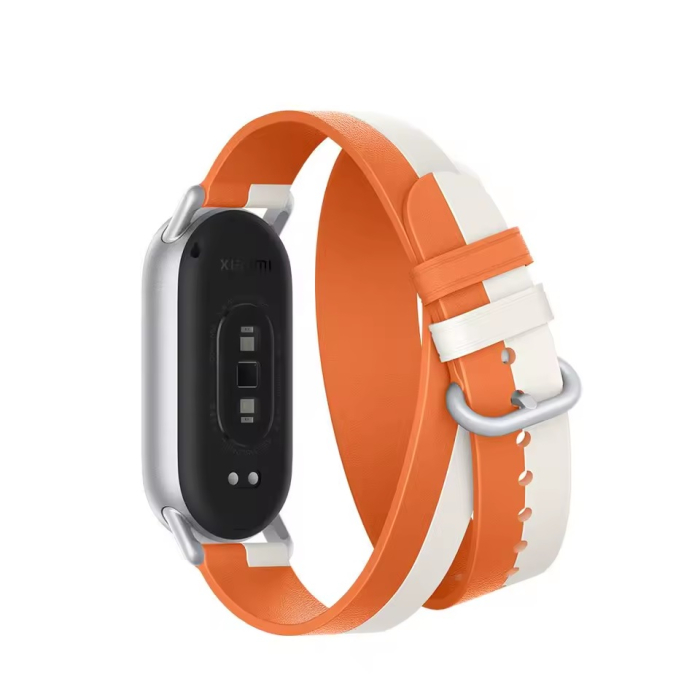 Bratara dubla din piele, compatibil Xiaomi Mi Band 8 / Mi Band 9 / Mi Band 10, PHN Mag, Alb si Portocaliu [4]