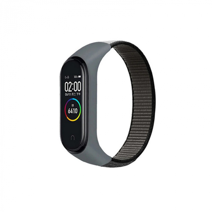 Curea Bratara Fitness compatibil Xiaomi Mi Band 3 / 4 / 5 / 6 din material textil cu arici rezistenta la apa, Gri [2]
