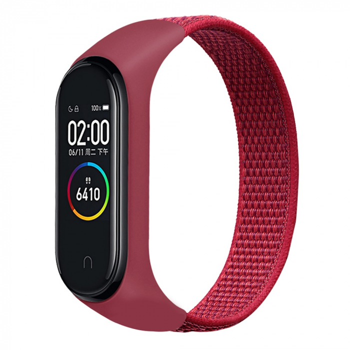 Curea Bratara Fitness compatibil Xiaomi Mi Band 3 / 4 / 5 / 6 din material textil cu arici rezistenta la apa, Rosu [2]