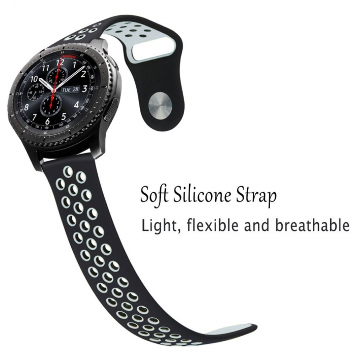 Curea compatibila smartwatch Samsung Gear S3 / Frontier, 22 mm, Quick Release, perforata, Negru / Gri [4]