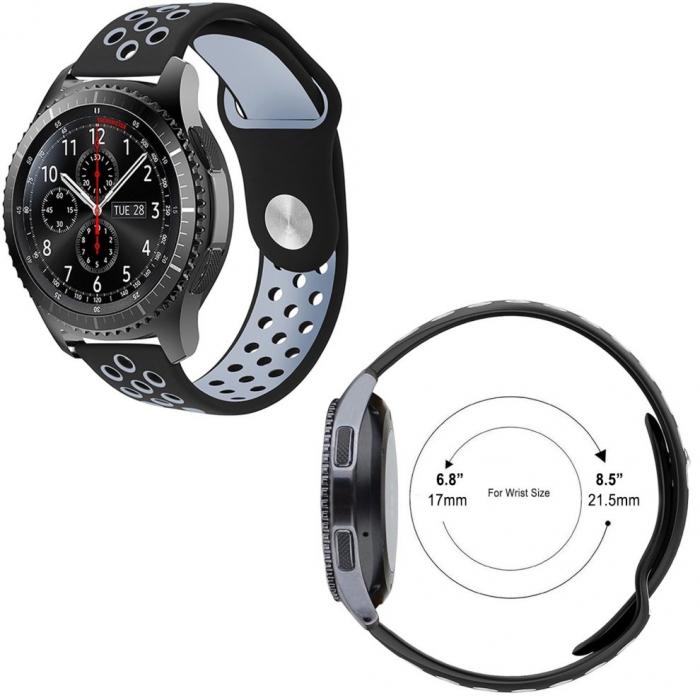 Curea compatibila smartwatch Samsung Gear S3 / Frontier, 22 mm, Quick Release, perforata, Negru / Gri [2]