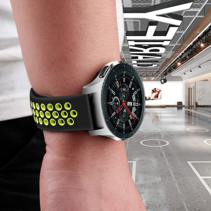 Curea compatibila smartwatch Samsung Gear S3 / Frontier, 22 mm, Quick Release, perforata, Negru Verde Lemon [3]