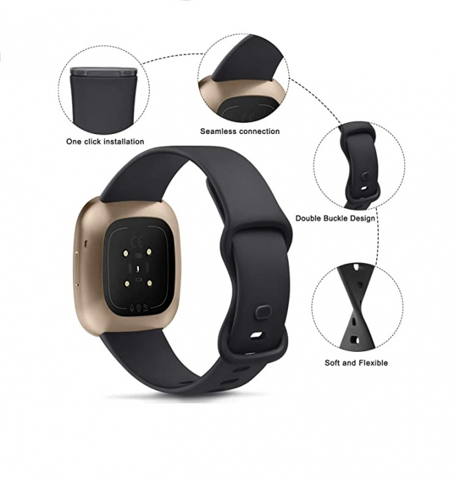 Curea silicon compatibil Fitbit Versa 3 - L, Negru, Quick Release [3]