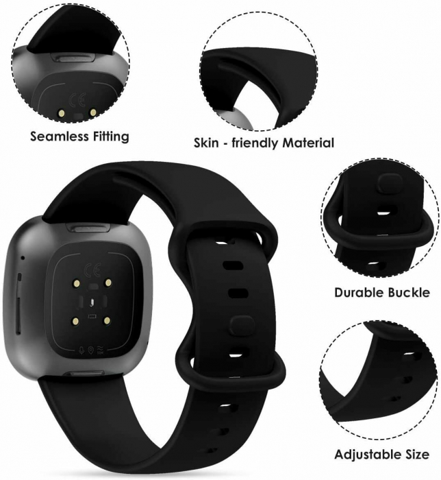 Curea silicon compatibil Fitbit Versa 3 - L, Negru, Quick Release [7]