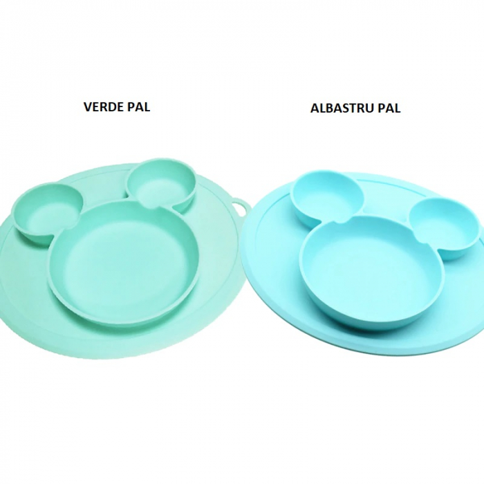 Farfurie silicon pentru bebelusi, Mickey, Albastru pal, Antiderapanta +6 luni [2]