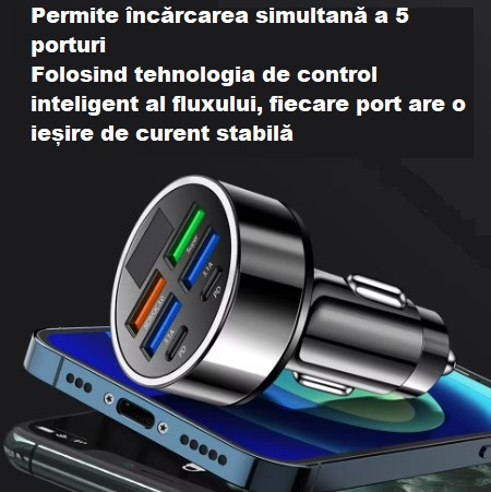 Încărcător auto cu 6 porturi USB C pentru telefon, adaptor de putere PD Type C, încărcare rapidă în mașină pentru iPhone, Samsung, Xiaomi, Huawei, QC 3.0 [4]
