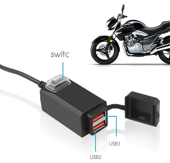 Incarcator cu 2 Porturi USB pentru Moto/Scuter/ATV, Rezistent la Apa si Praf, suport de prindere inclus, Negru. [5]