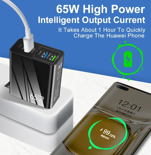 Incarcator Retea, 5 porturi, 65W Fast Charge, 3x USB, 2 x Type-C, QC 3.0, Compatibil Samsung, Xiaomi, Huawei, iPhone, Google, Negru [3]