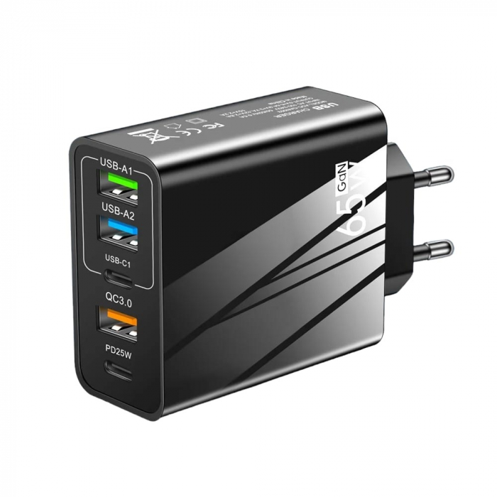 Incarcator Retea, 5 porturi, 65W Fast Charge, 3x USB, 2 x Type-C, QC 3.0, Compatibil Samsung, Xiaomi, Huawei, iPhone, Google, Negru [1]