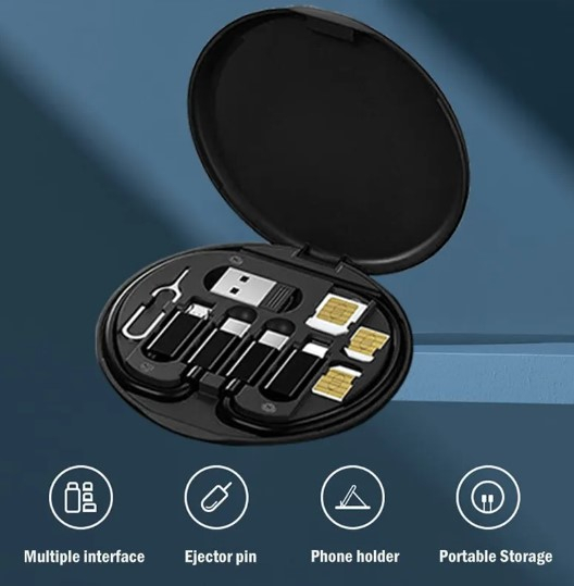 Kit calatorie, stocare multifunctionala pentru cabluri, cu sloturi de depozitare pentru cartele, suport telefon, pin de ejectie si cablu USB C cu 3 adaptoare USB, Negru [2]