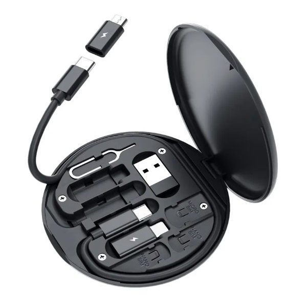 Kit calatorie, stocare multifunctionala pentru cabluri, cu sloturi de depozitare pentru cartele, suport telefon, pin de ejectie si cablu USB C cu 3 adaptoare USB, Negru [1]