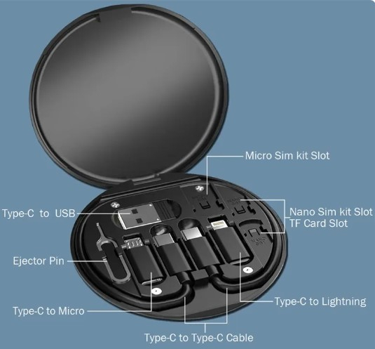 Kit calatorie, stocare multifunctionala pentru cabluri, cu sloturi de depozitare pentru cartele, suport telefon, pin de ejectie si cablu USB C cu 3 adaptoare USB, Negru [3]