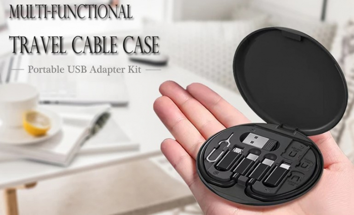 Kit calatorie, stocare multifunctionala pentru cabluri, cu sloturi de depozitare pentru cartele, suport telefon, pin de ejectie si cablu USB C cu 3 adaptoare USB, Negru [7]