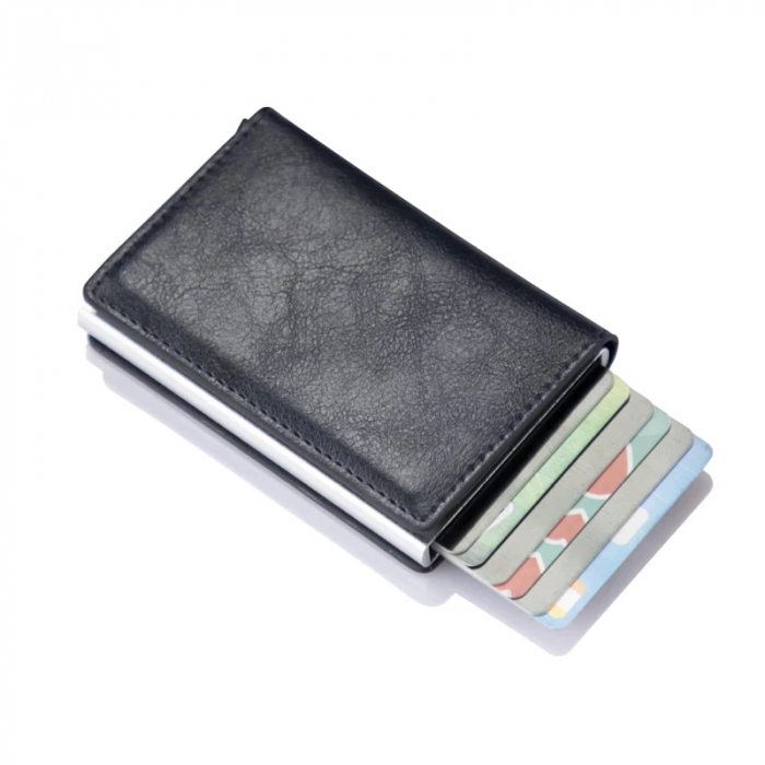 Portofel securizat RFID pentru carduri, cu glisare rapida, piele ecologica, Compartiment 7 carduri si bancnote , Negru, Port card [4]