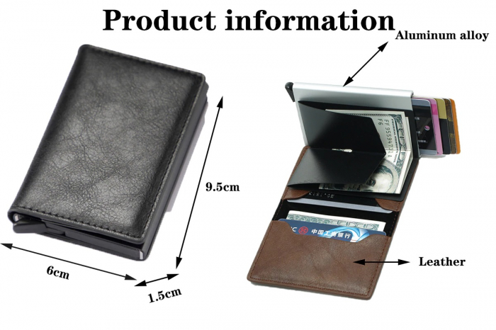 Portofel securizat RFID pentru carduri, cu glisare rapida, piele ecologica, Compartiment 7 carduri si bancnote , Negru, Port card [5]
