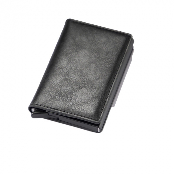 Portofel securizat RFID pentru carduri, cu glisare rapida, piele ecologica, Compartiment 7 carduri si bancnote , Negru, Port card [8]