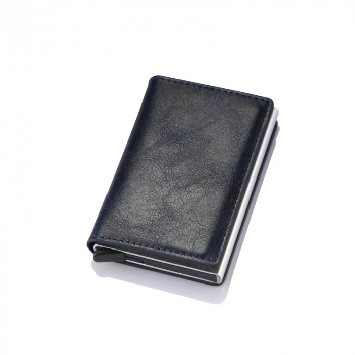Portofel securizat RFID pentru carduri, cu glisare rapida, piele ecologica, Compartiment 7 carduri si bancnote , Negru, Port card [3]