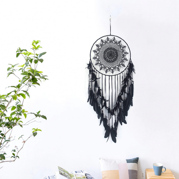Dream Catcher BOHO Decoratiune perete din Macrame Rotund cu pene negre, Textil, Negru [3]
