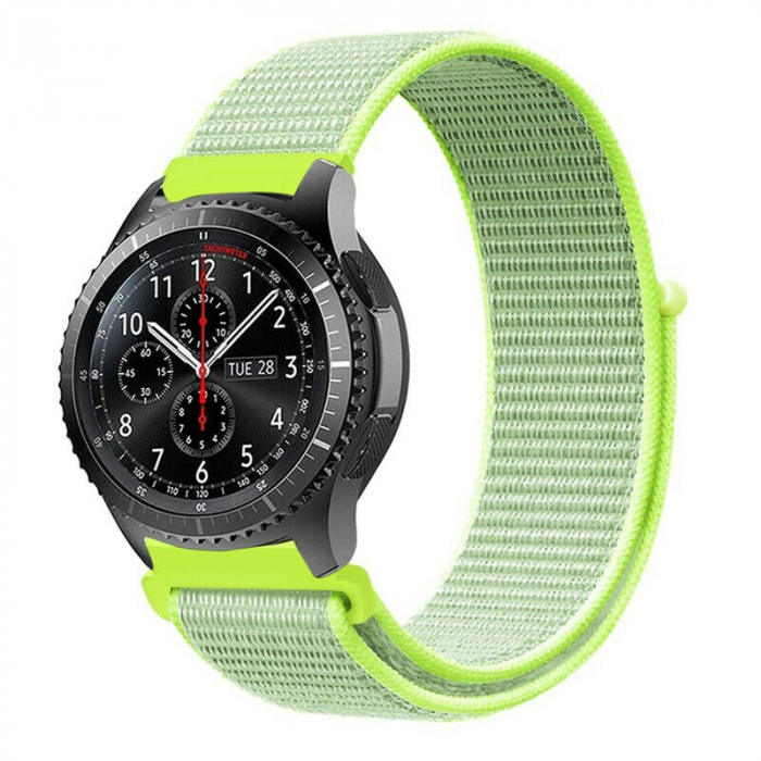Curea compatibila 20 mm Samsung Galaxy Active 2 Gear S2 Huawei Watch GT2 42mm Amazfit BIP, din material textil cu arici, Verde Neon, Quick Release [4]