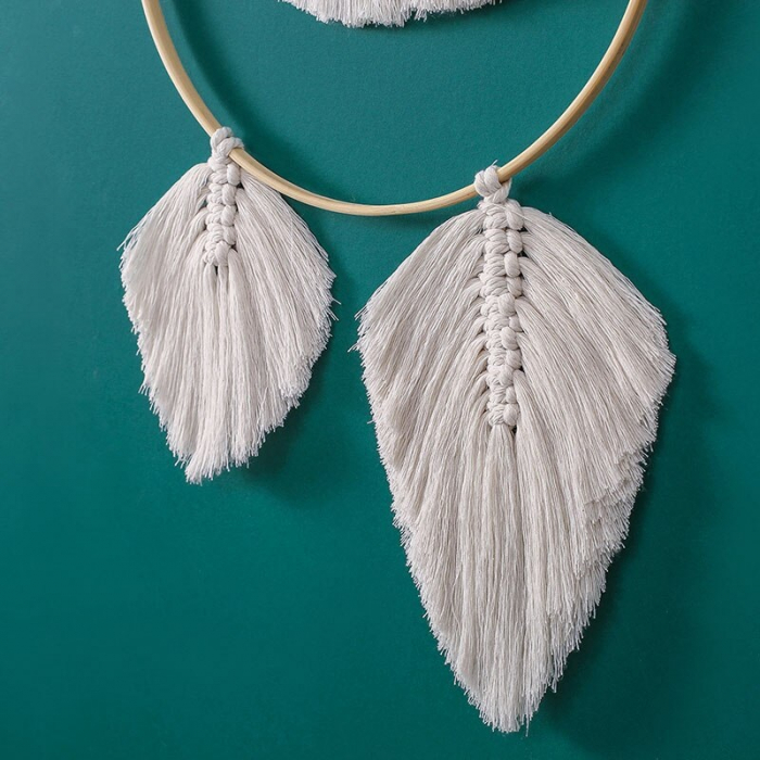 Decoratiune perete Circle night din Macrame 70x30 cm cu suport de lemn , Textil Crem, Boho, dream catcher [6]