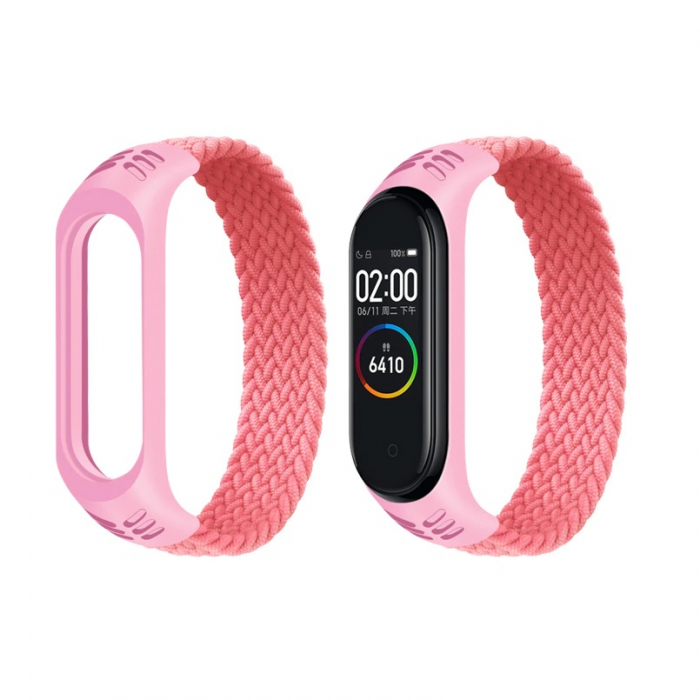 Curea Bratara Fitness compatibila Xiaomi Mi Band 3 / 4 / 5 / 6 din material textil cu prindere elastica, Roz, marimea M [3]